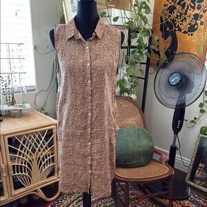 Tahari Tan Linen Ditsy Pattern Sleeveless Button Up Shirt Dress